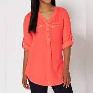 Rue + Coral Button-Up Blouse With Gold Accents